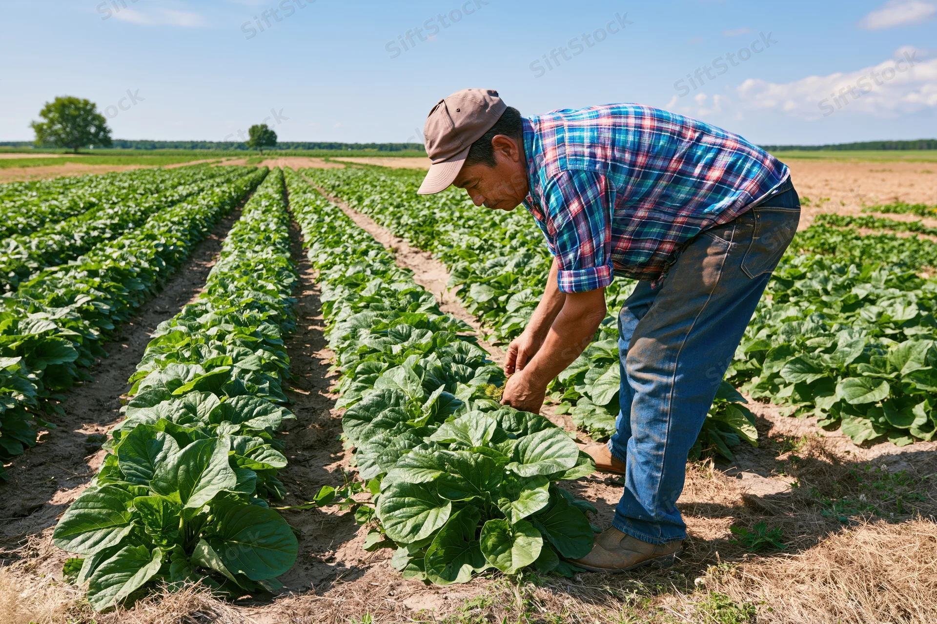 Farmer inspecting leafy green crops in a field on a sunny day
