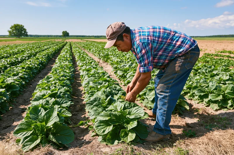 Farmer inspecting leafy green crops in a field on a sunny day