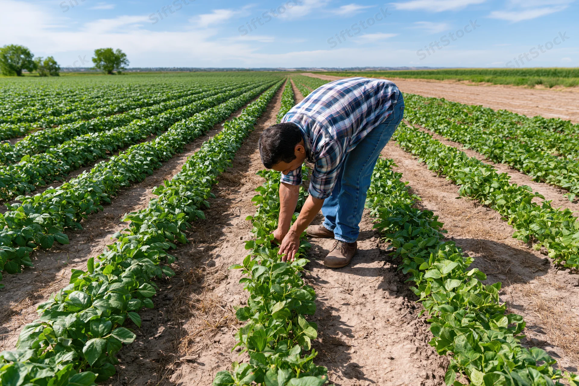 Farmer inspecting soybean plants in a field during daytime