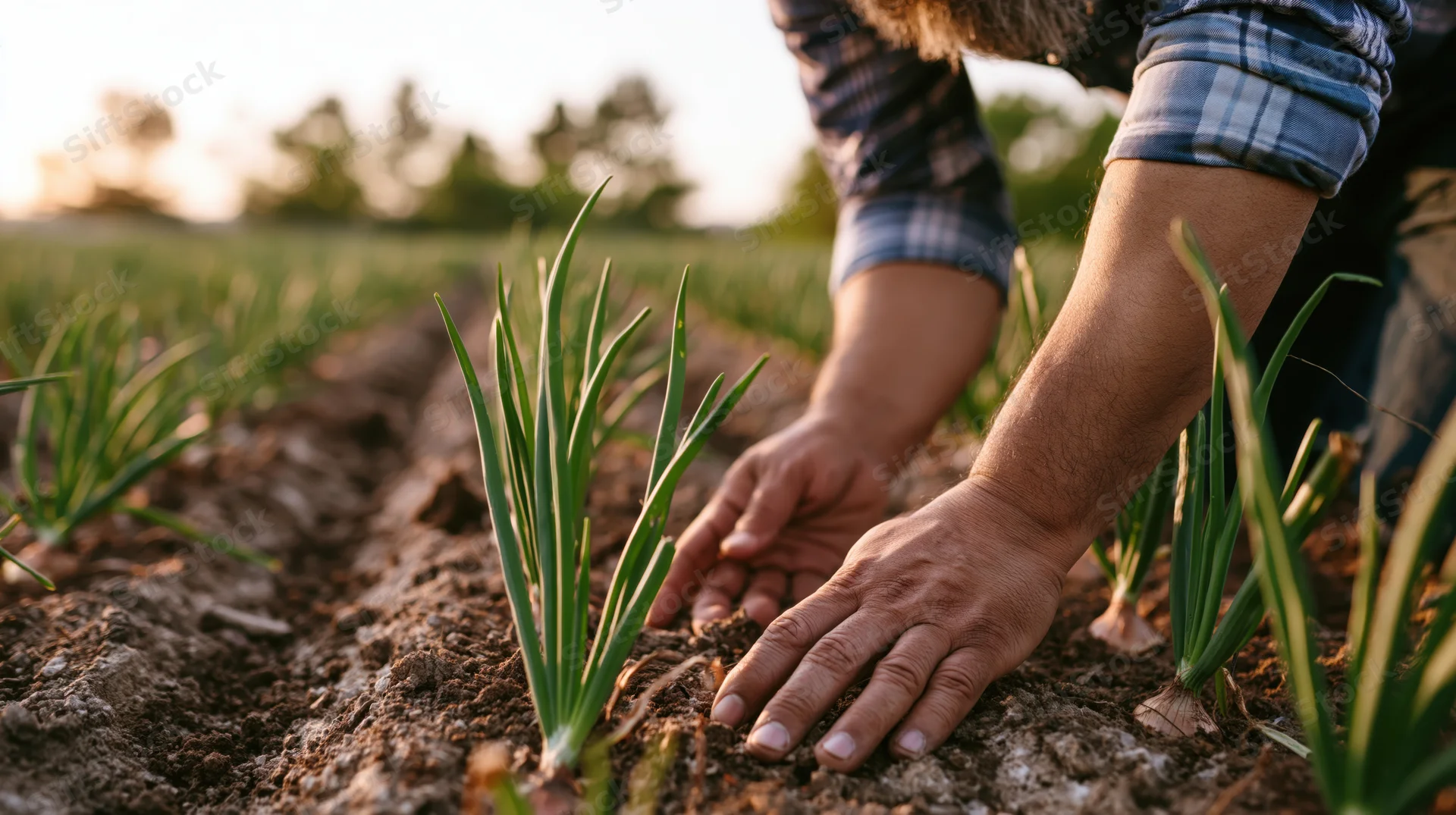 Farmer planting young onion sprouts in a tilled field row