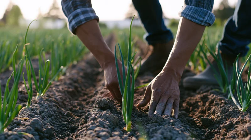 Farmer planting green onion seedlings in tilled soil in a field