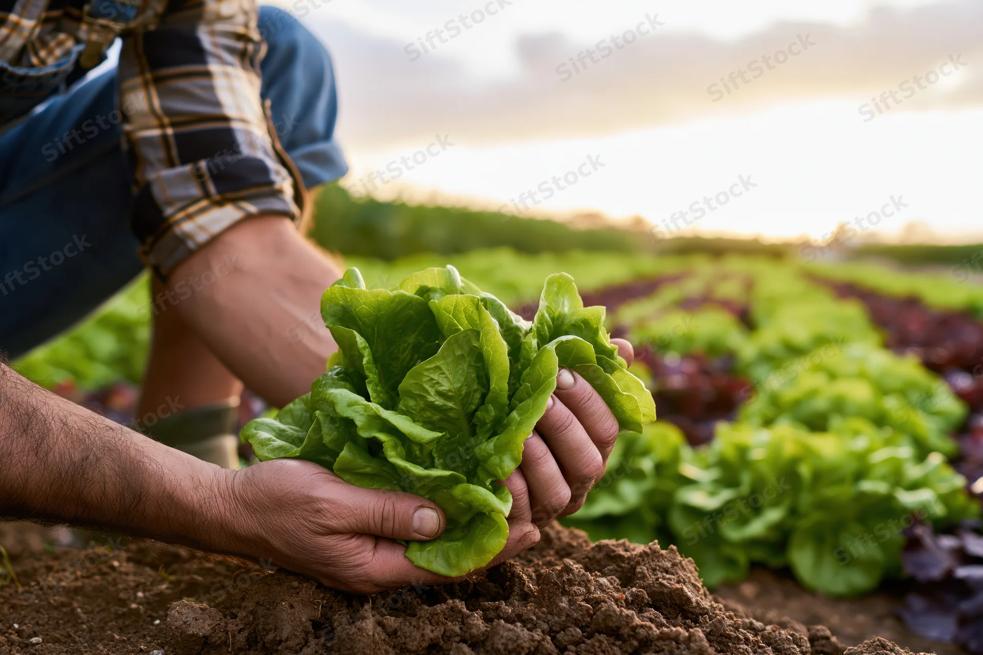Farmer holding fresh lettuce in a field at sunset