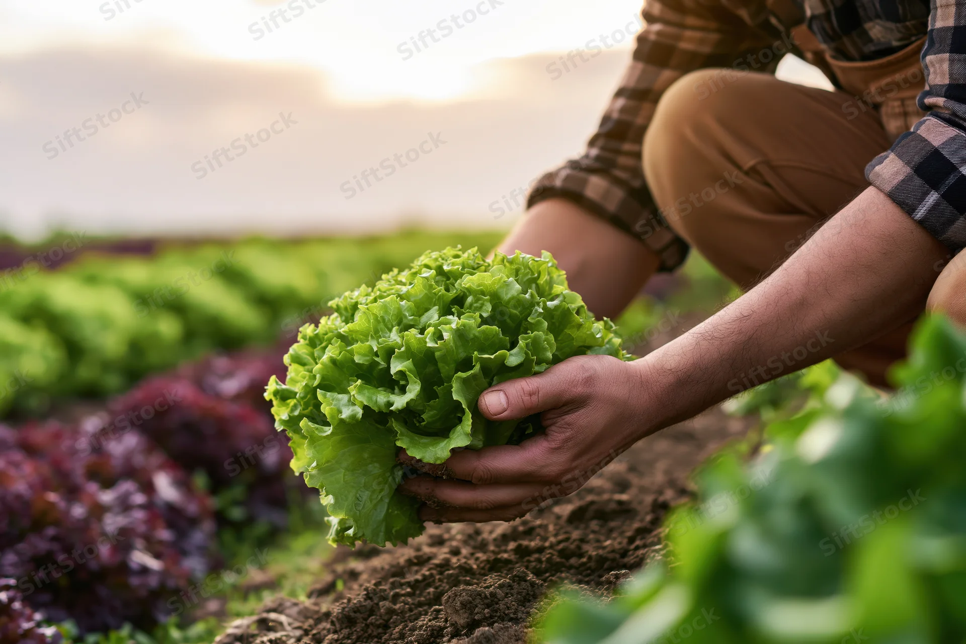 Farmer harvesting fresh lettuce in a field at sunset