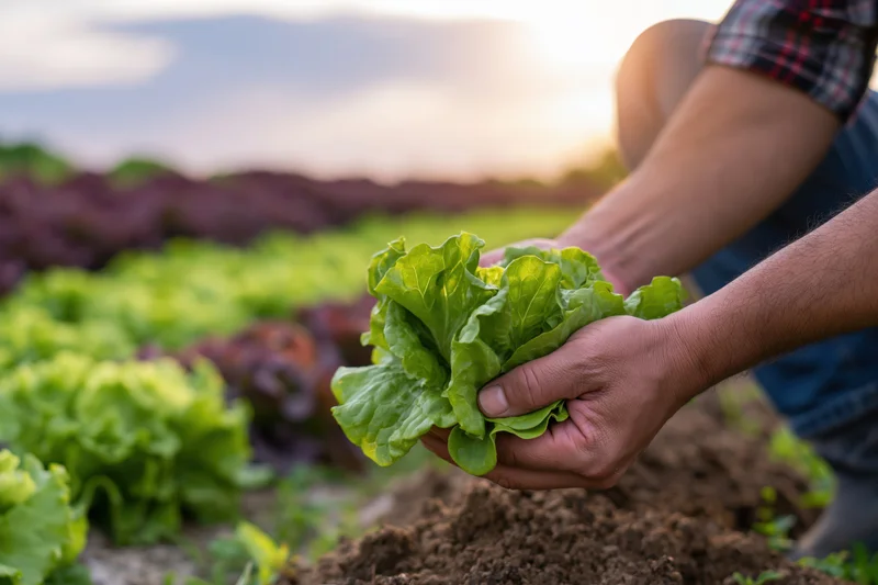 Farmer holding freshly harvested lettuce in a field at sunset