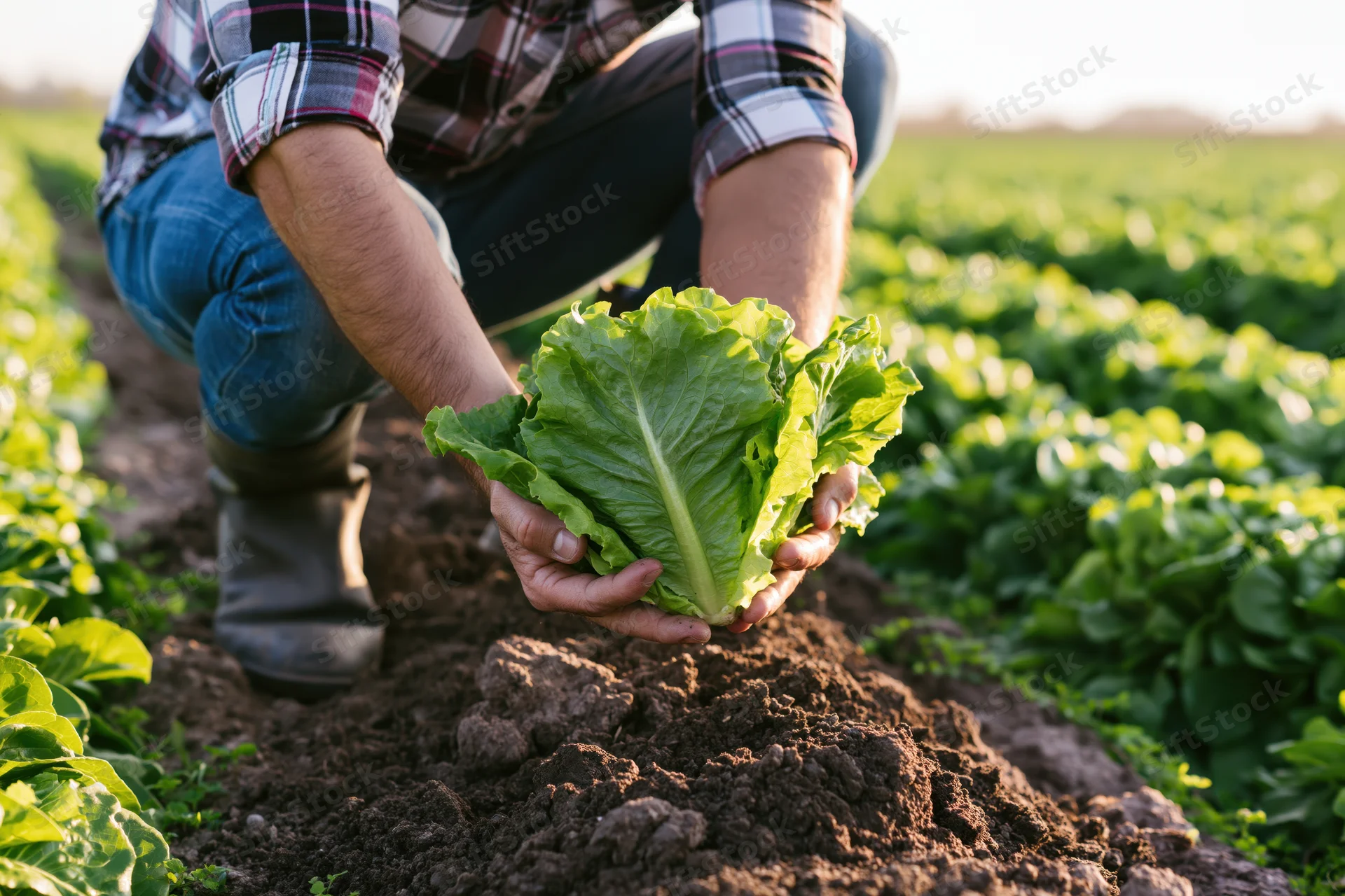 Farmer crouching in a field holding a head of lettuce in his hands