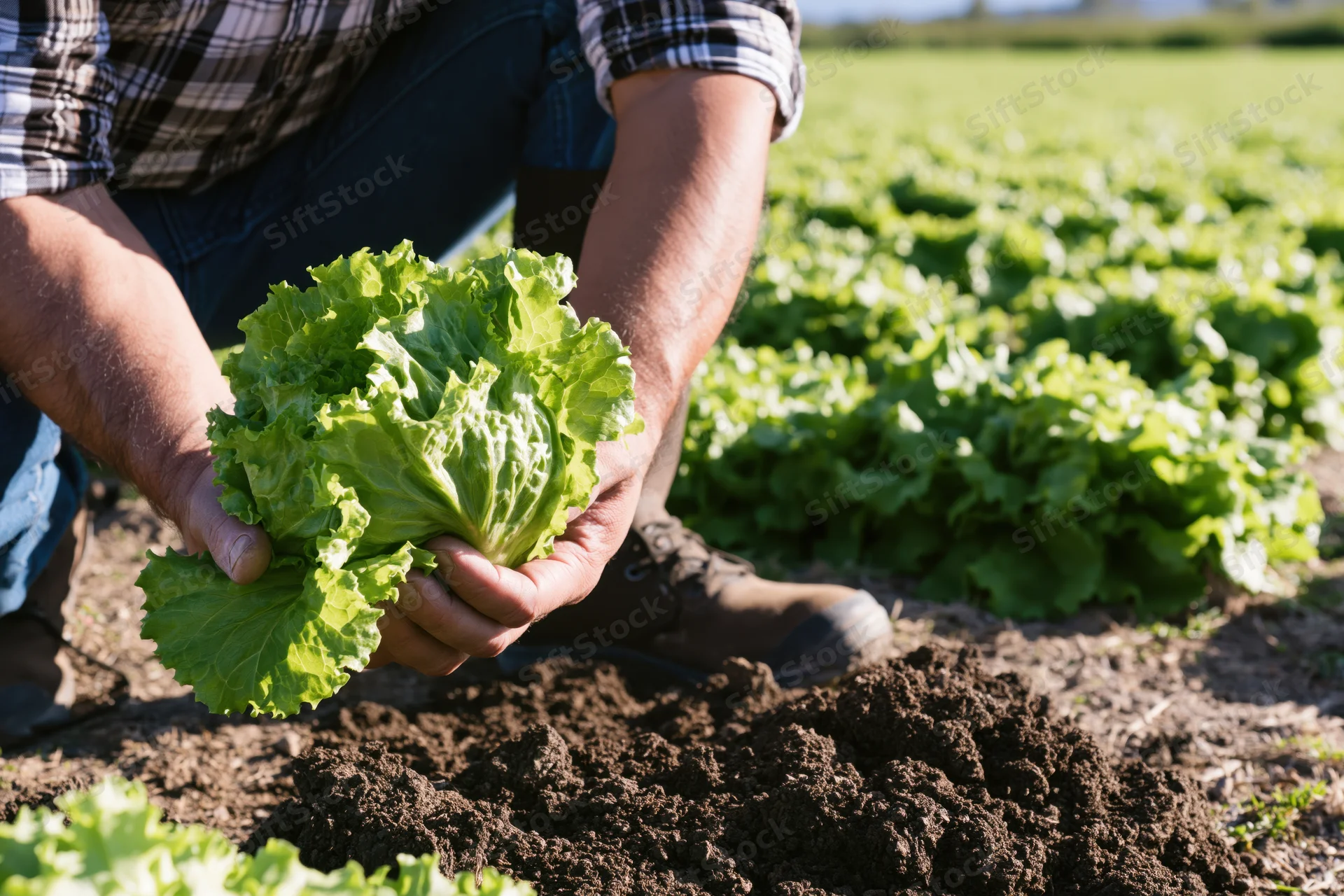 Farmer holding fresh lettuce in a cultivated field