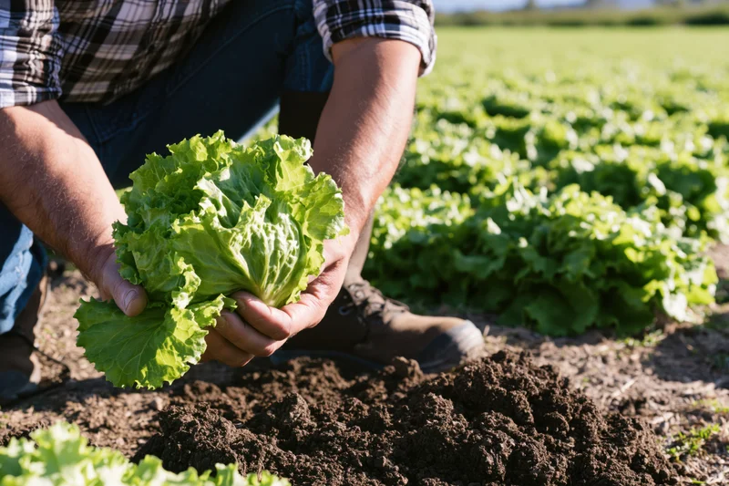 Farmer holding fresh lettuce in a cultivated field