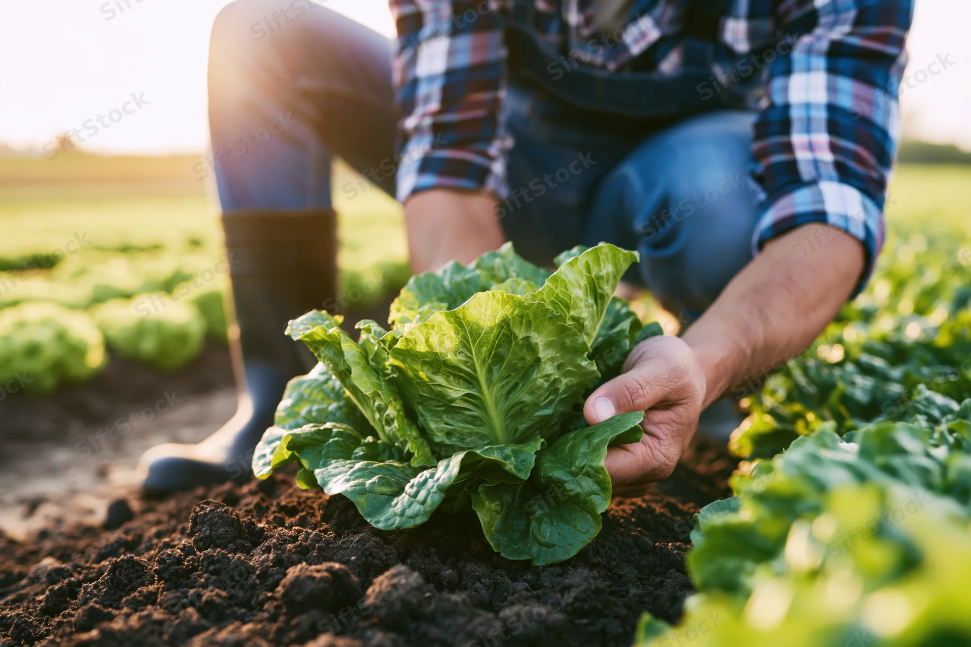 Farmer crouching in a field inspecting fresh lettuce plants in soil during daylight