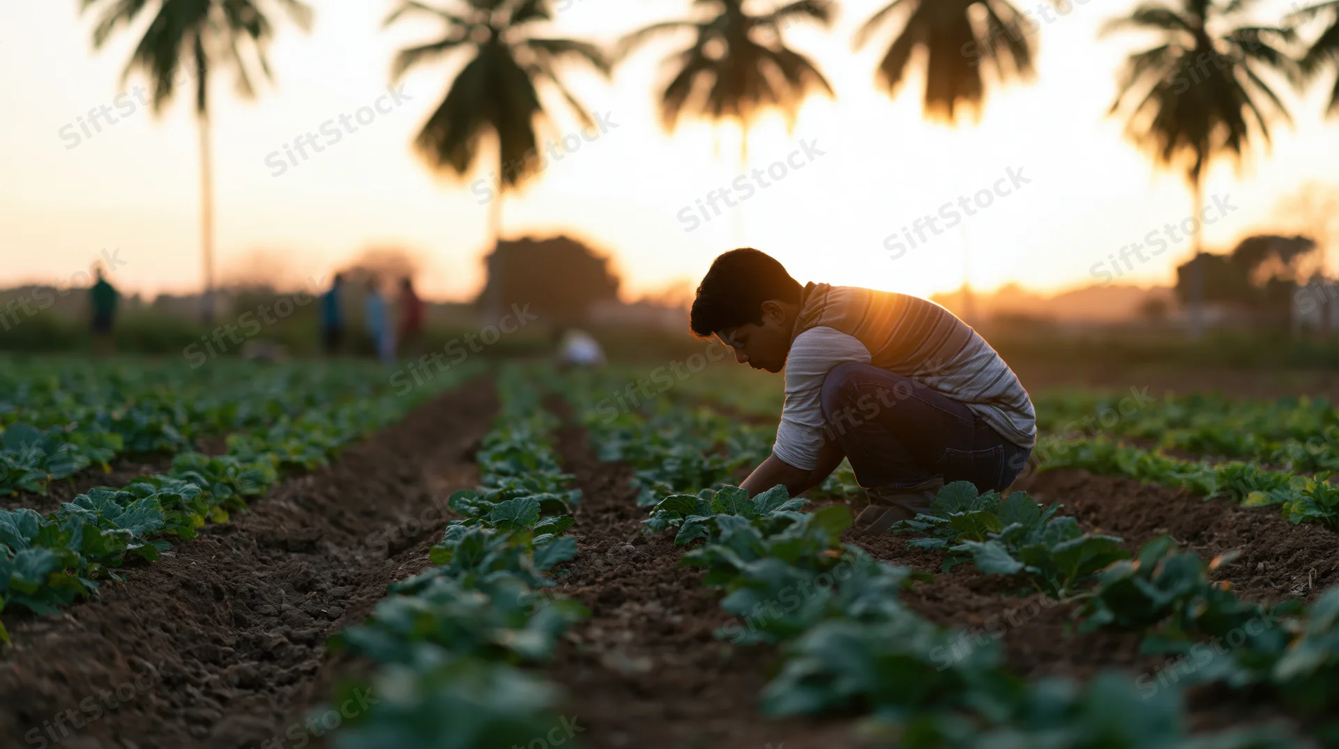 Young asian farmer crouching to inspect cabbage plants in a field at sunset