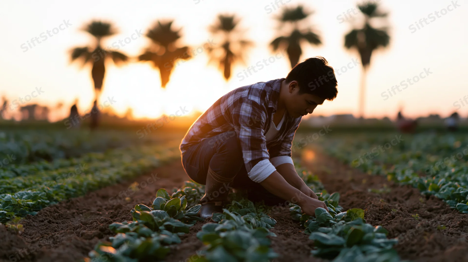 Farmer crouching to tend crops in a field at sunset