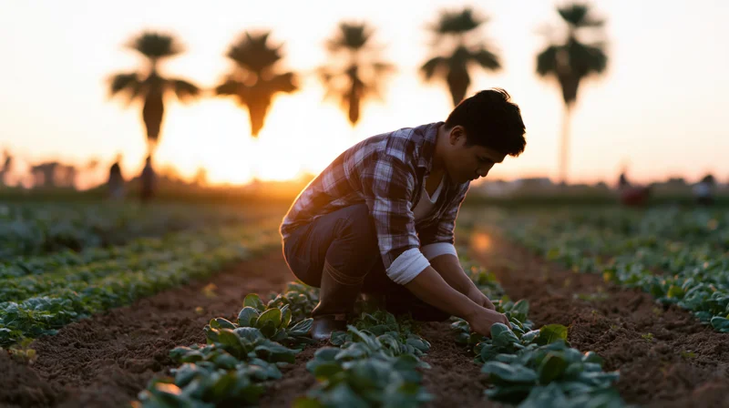 Farmer crouching to tend crops in a field at sunset