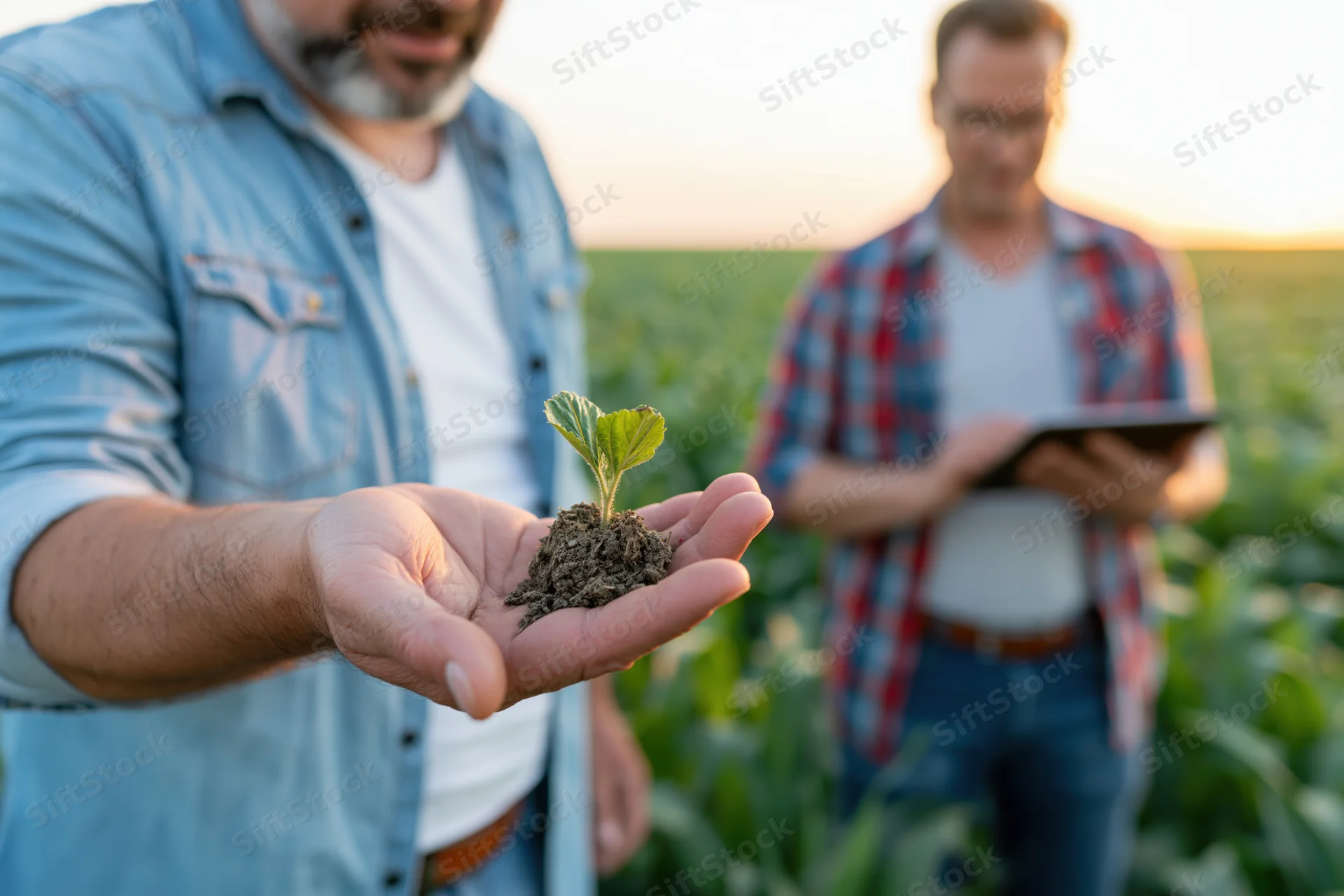 Farmer holding a small plant with soil in his hand in a field at sunset
