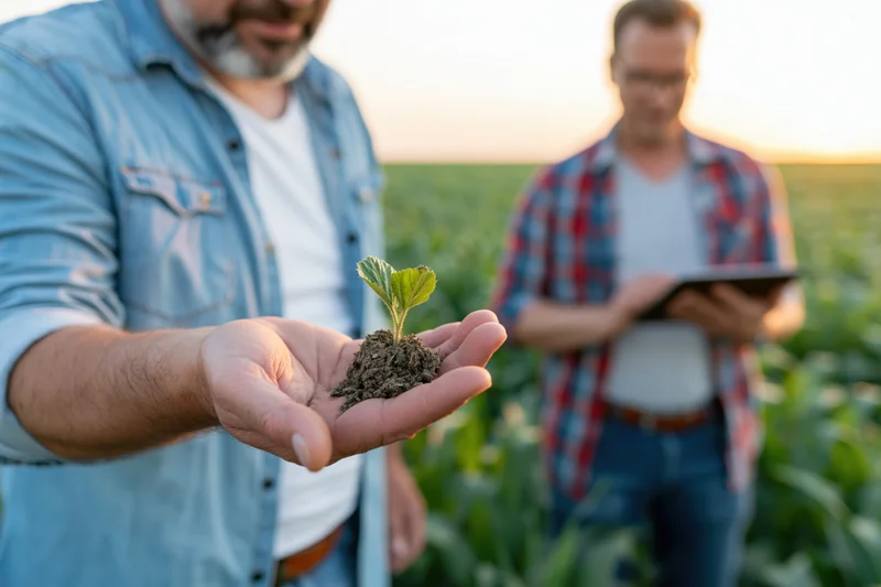 Farmer holding a small plant with soil in his hand in a field at sunset