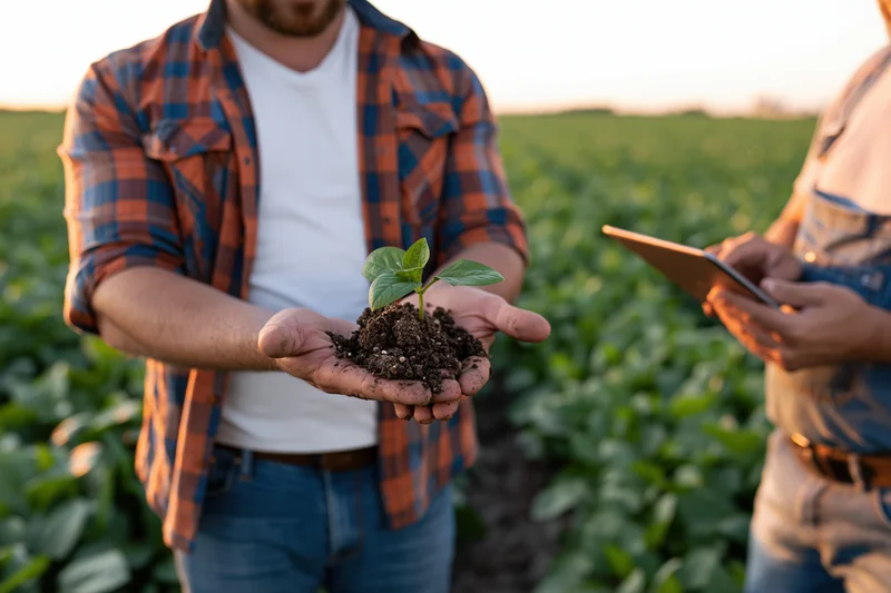 Farmer holding seedling in soil in a field with another person using tablet