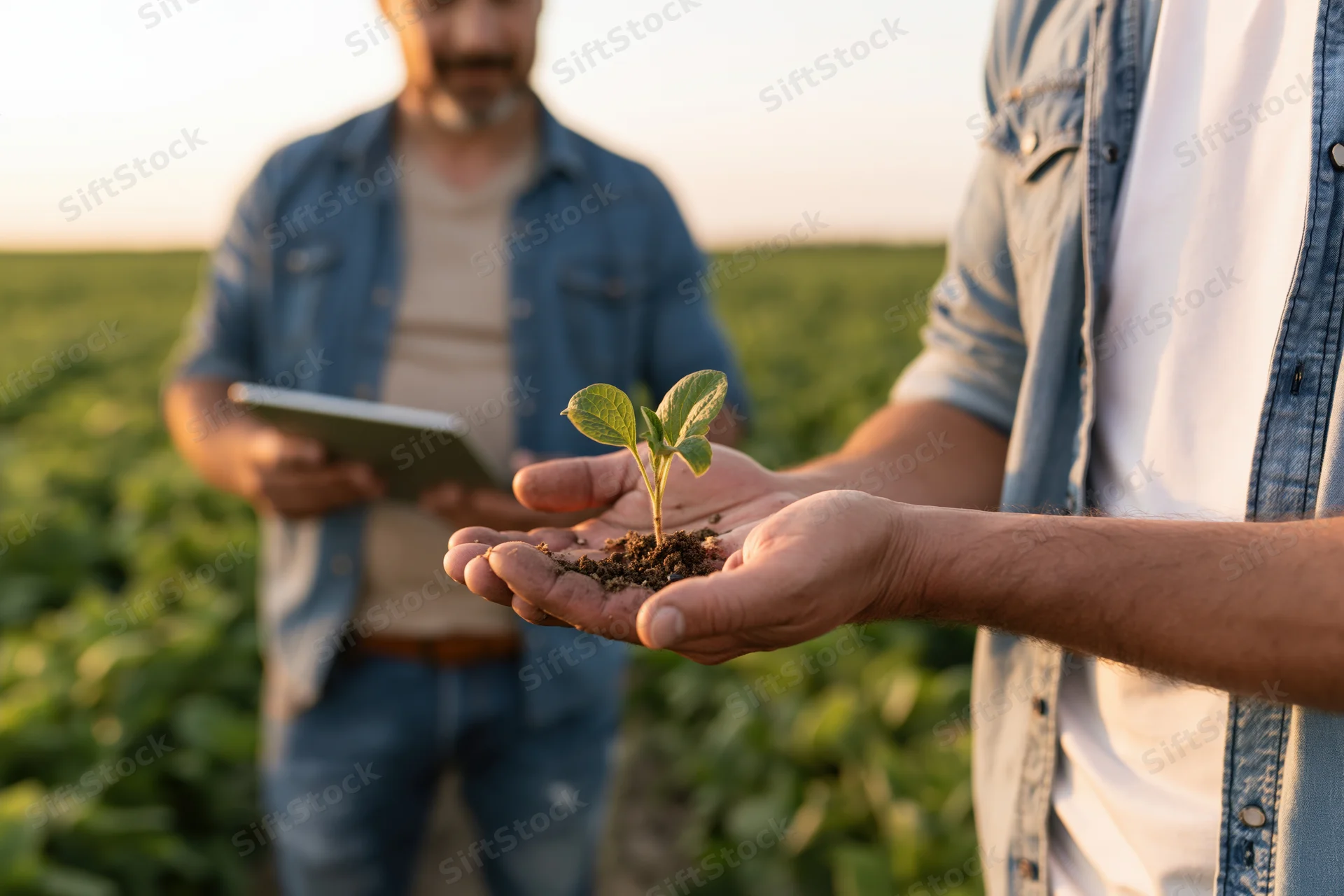 Farmer holding a small plant in soil in a field with another man using a tablet in the background