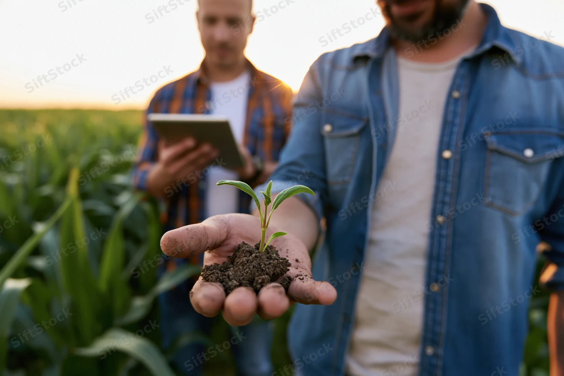 Farmer holding soil with small plant in field while another man uses tablet in background