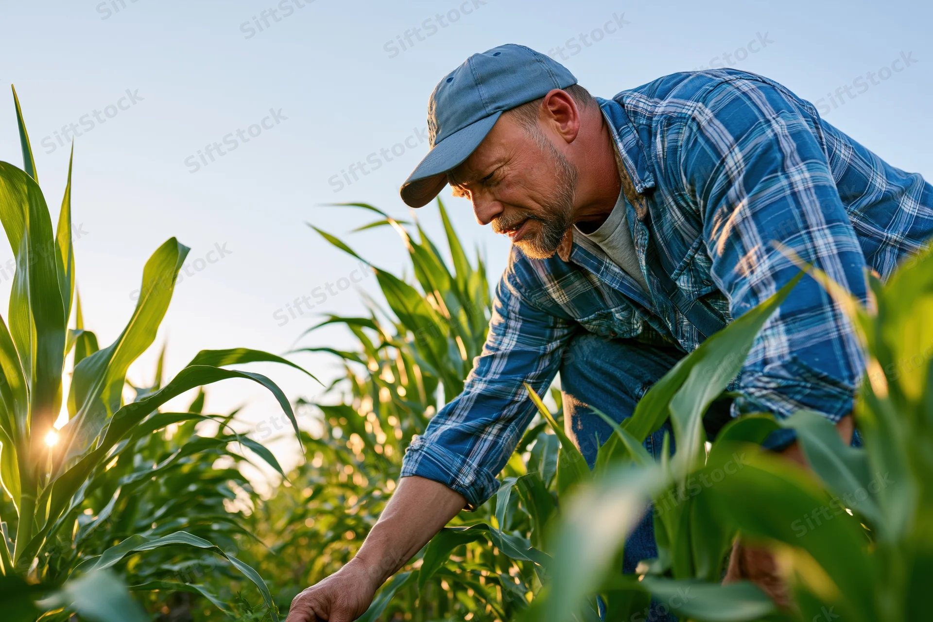 Farmer inspecting corn plants in a field during golden hour