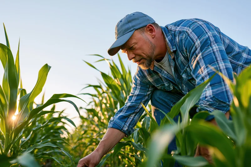 Farmer inspecting corn plants in a field during golden hour