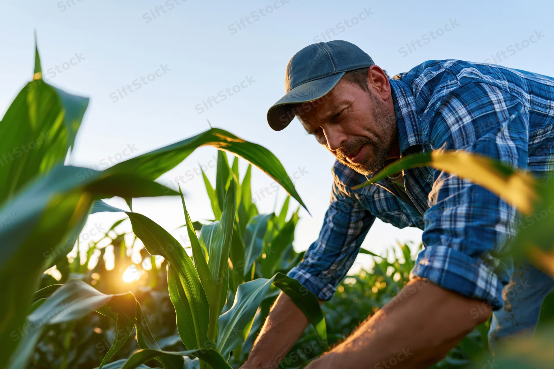 Farmer inspecting corn plants in a field at sunrise