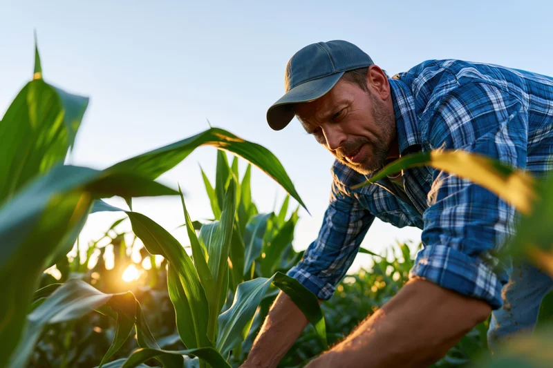 Farmer inspecting corn plants in a field at sunrise