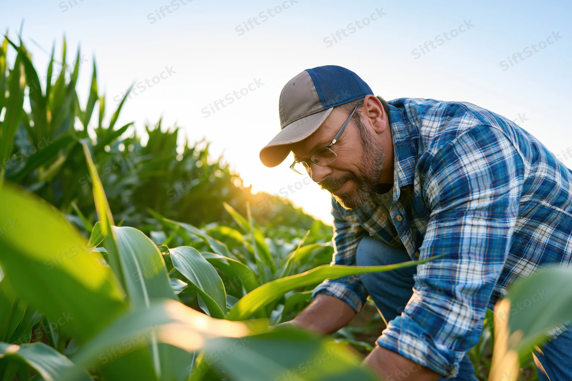 Farmer inspecting corn plants in a field at sunset