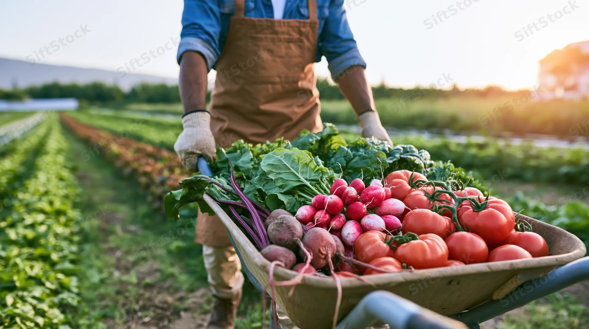 Farmer pushing a wheelbarrow full of fresh vegetables through a garden field