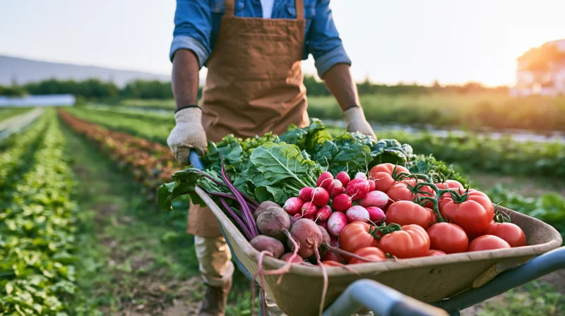Farmer pushing a wheelbarrow full of fresh vegetables through a garden field
