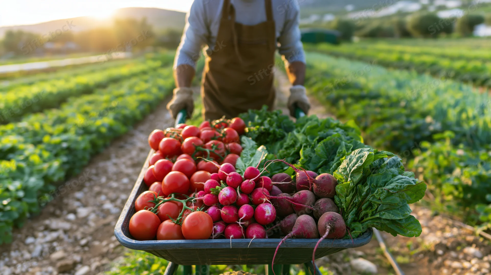 Farmer pushing a wheelbarrow full of fresh vegetables through a garden field