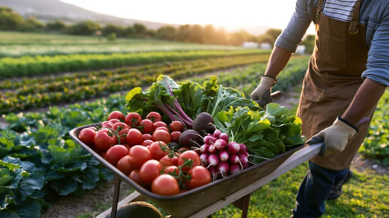 Farmer pushing a wheelbarrow full of fresh vegetables across a garden field at sunset