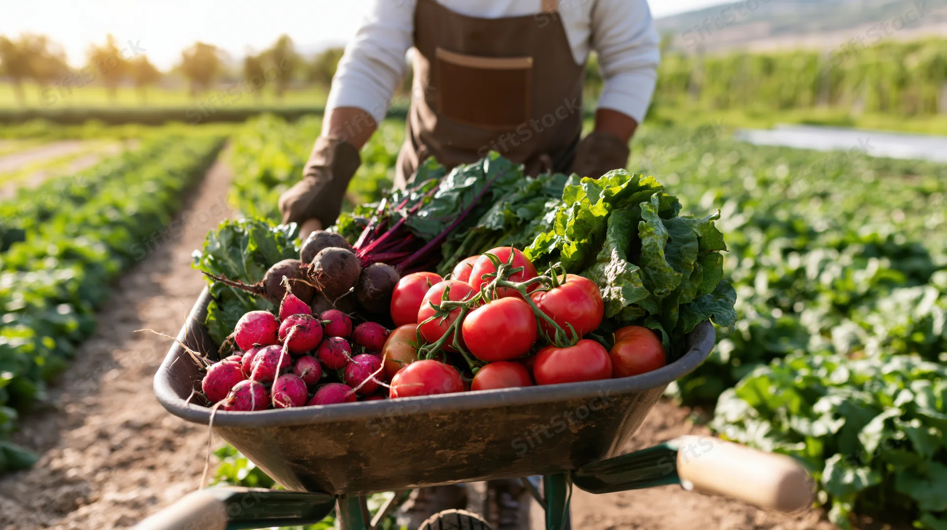 Farmer pushing a wheelbarrow full of fresh vegetables in a garden field