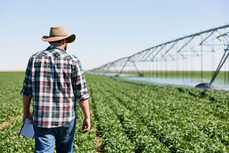 Farmer walking through a green crop field holding a clipboard near an irrigation sprinkler system