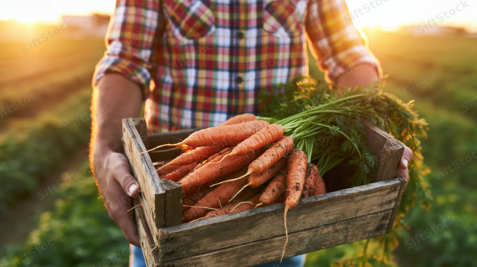 Farmer holding wooden crate filled with freshly harvested carrots in a field at sunset