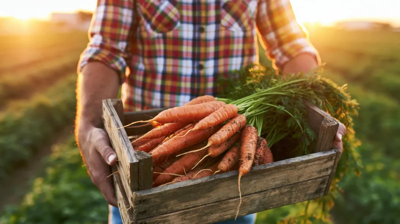 Farmer holding wooden crate filled with freshly harvested carrots in a field at sunset