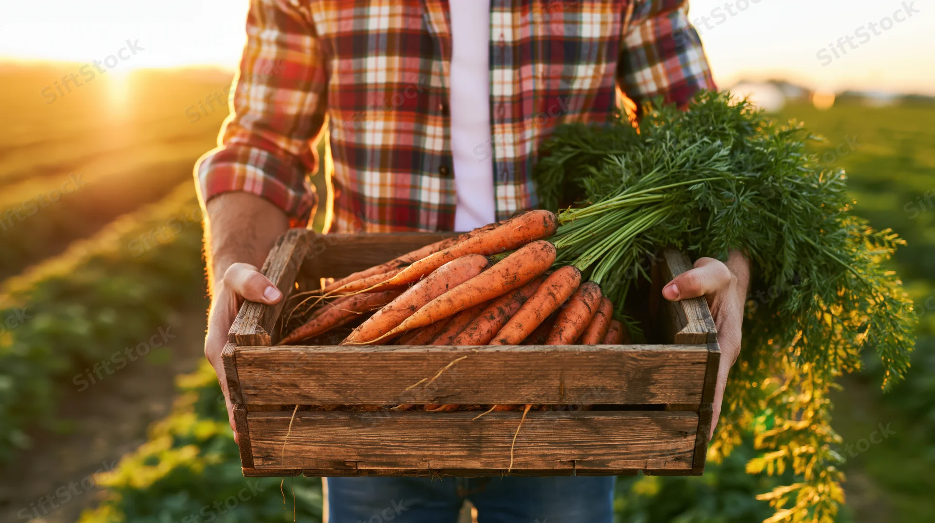 Farmer holding wooden crate of fresh carrots in a field at sunset