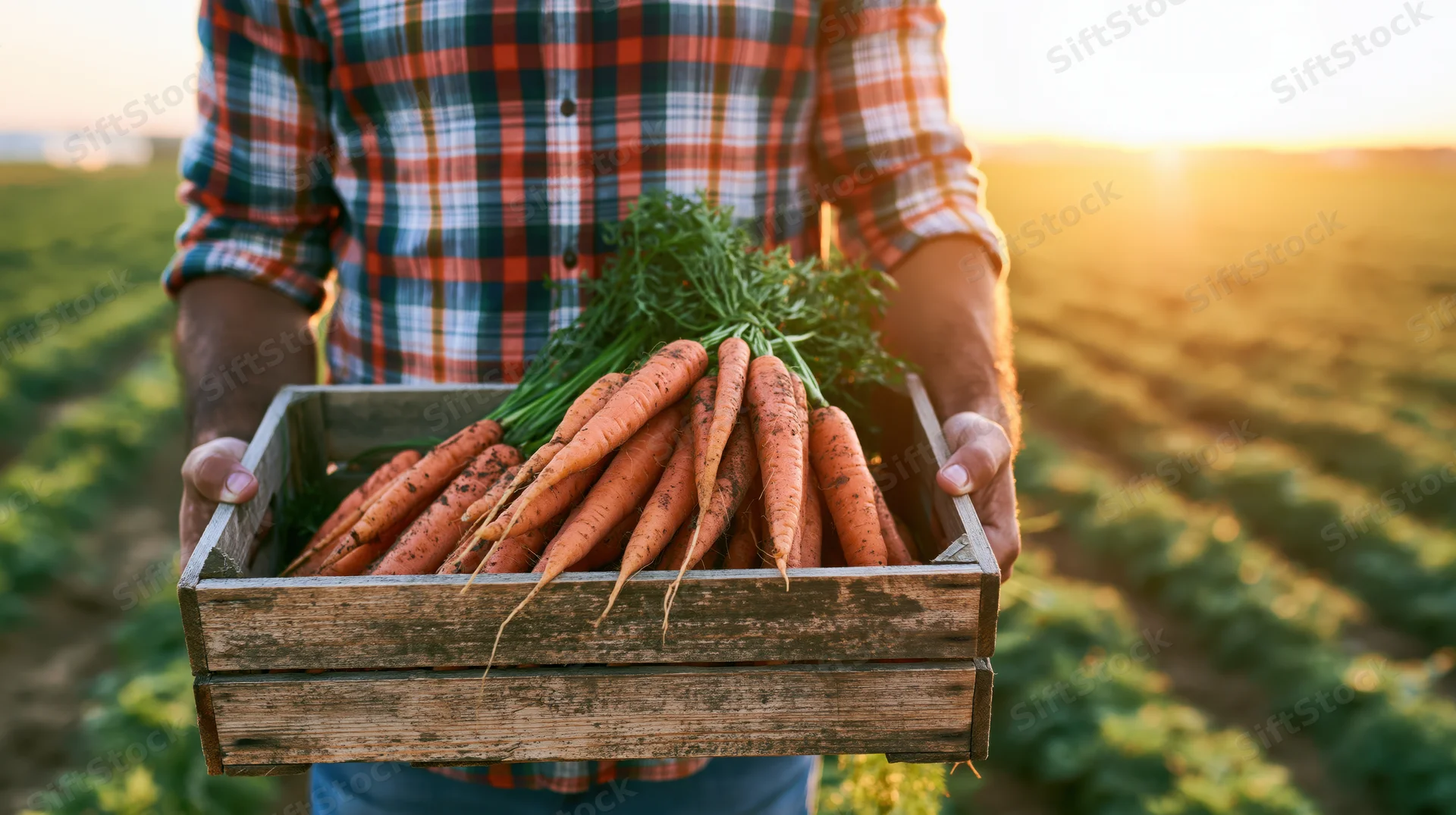 Farmer holding wooden crate of fresh carrots in a field at sunset