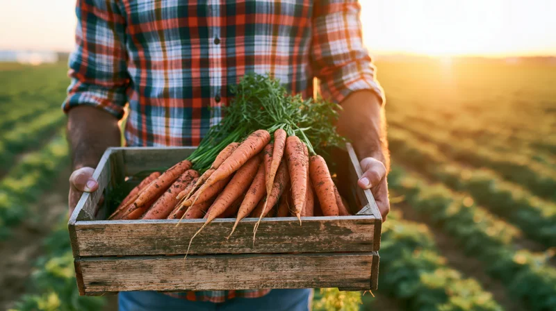 Farmer holding wooden crate of fresh carrots in a field at sunset