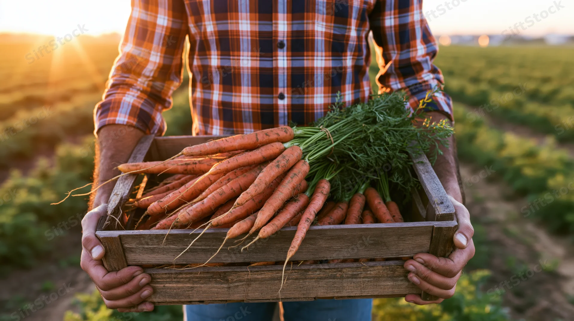 Farmer holding wooden crate filled with fresh carrots in a field at sunset