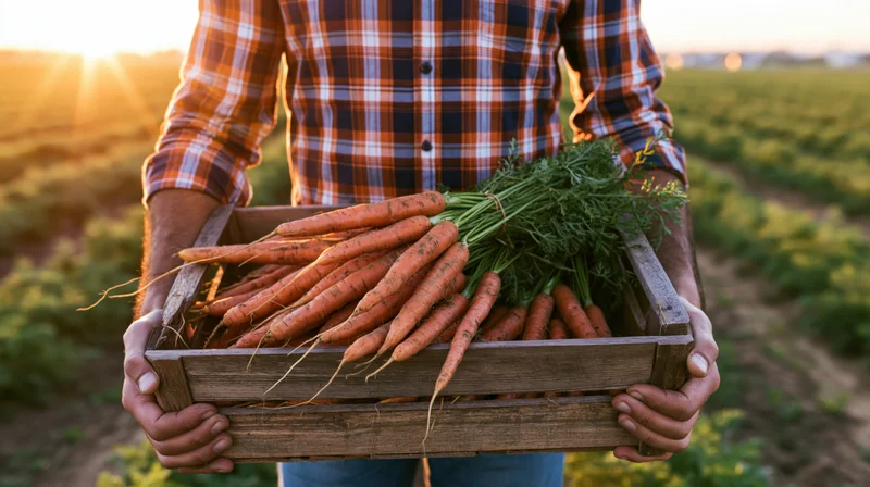 Farmer holding wooden crate filled with fresh carrots in a field at sunset
