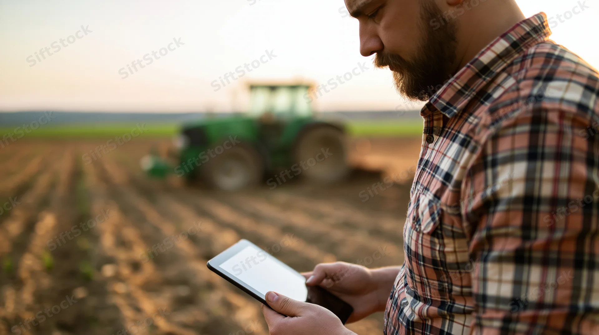 Farmer using tablet in field with tractor in background