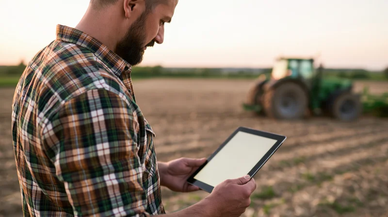 Farmer holding tablet in field with tractor in background