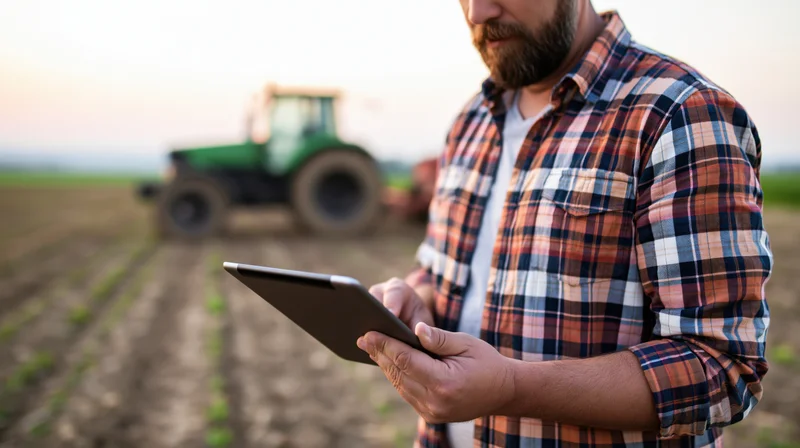 Farmer using tablet in field with tractor in background