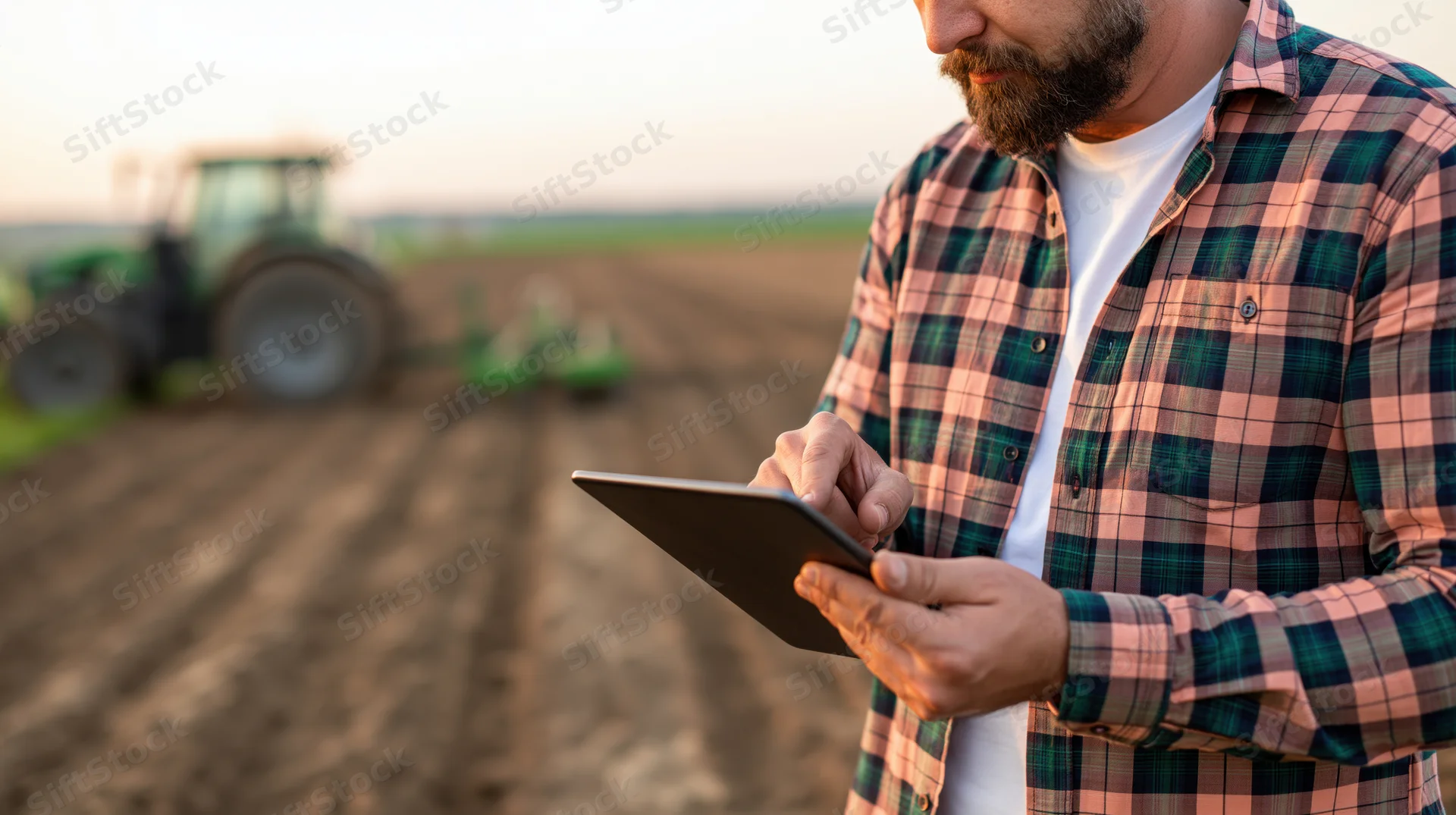 Farmer using tablet in field with tractor in background