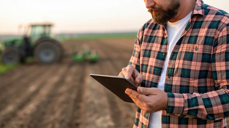 Farmer using tablet in field with tractor in background