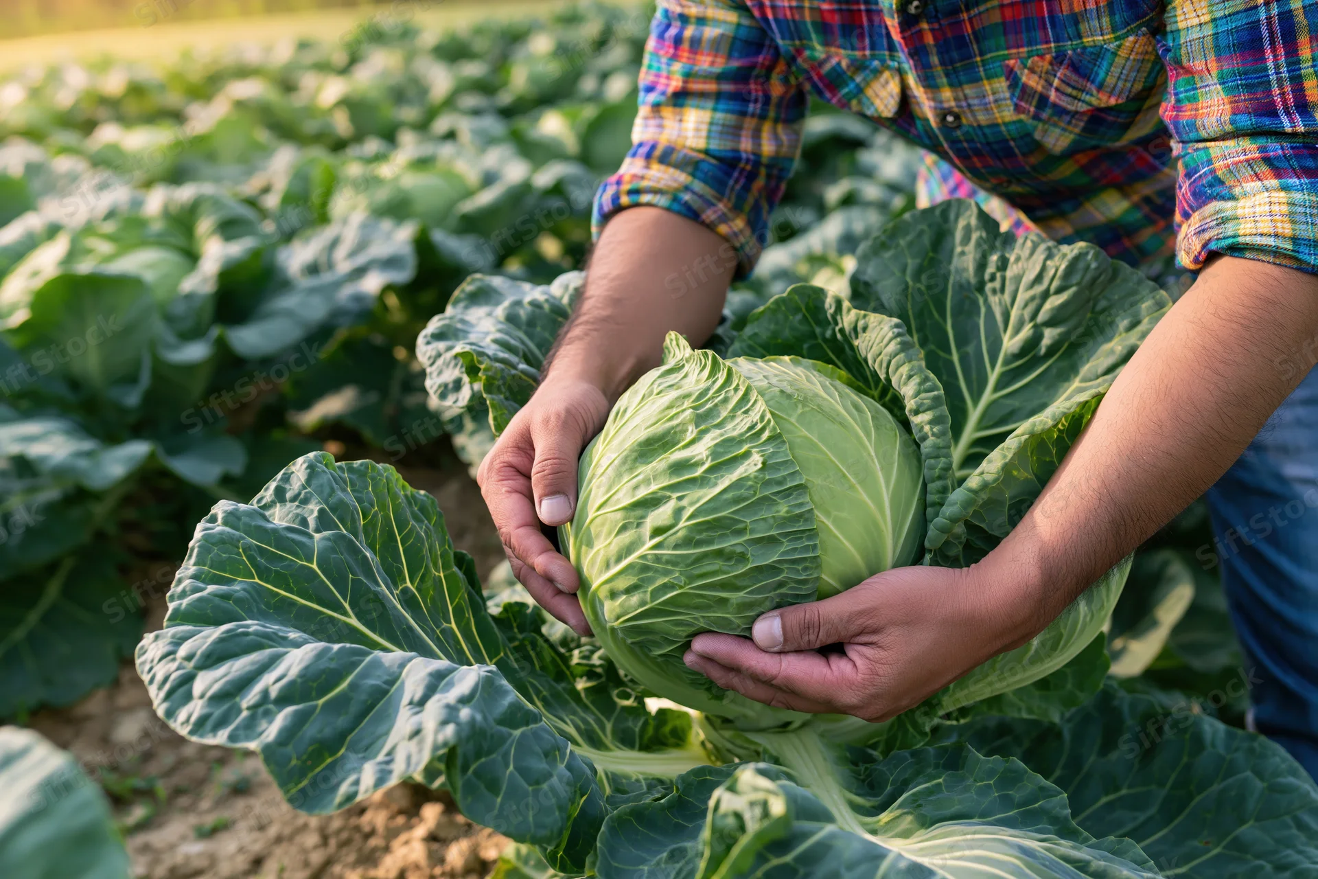 Farmer holding a cabbage in a field during harvest