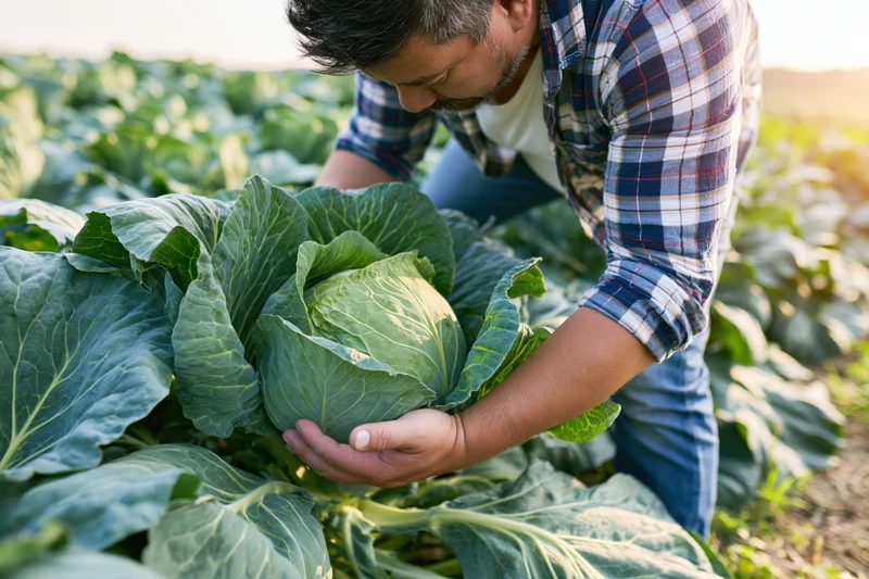 Farmer inspecting cabbage in a field
