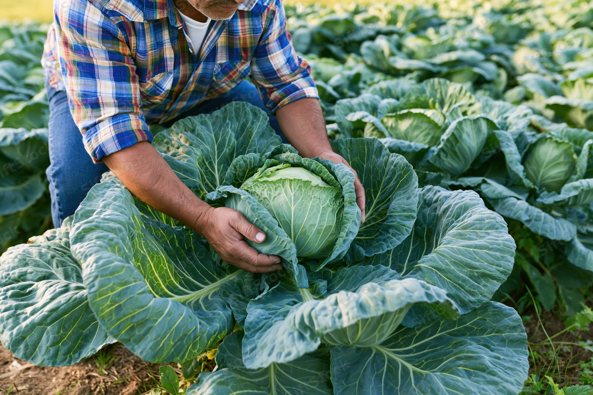 Farmer inspecting cabbage in a field during daylight