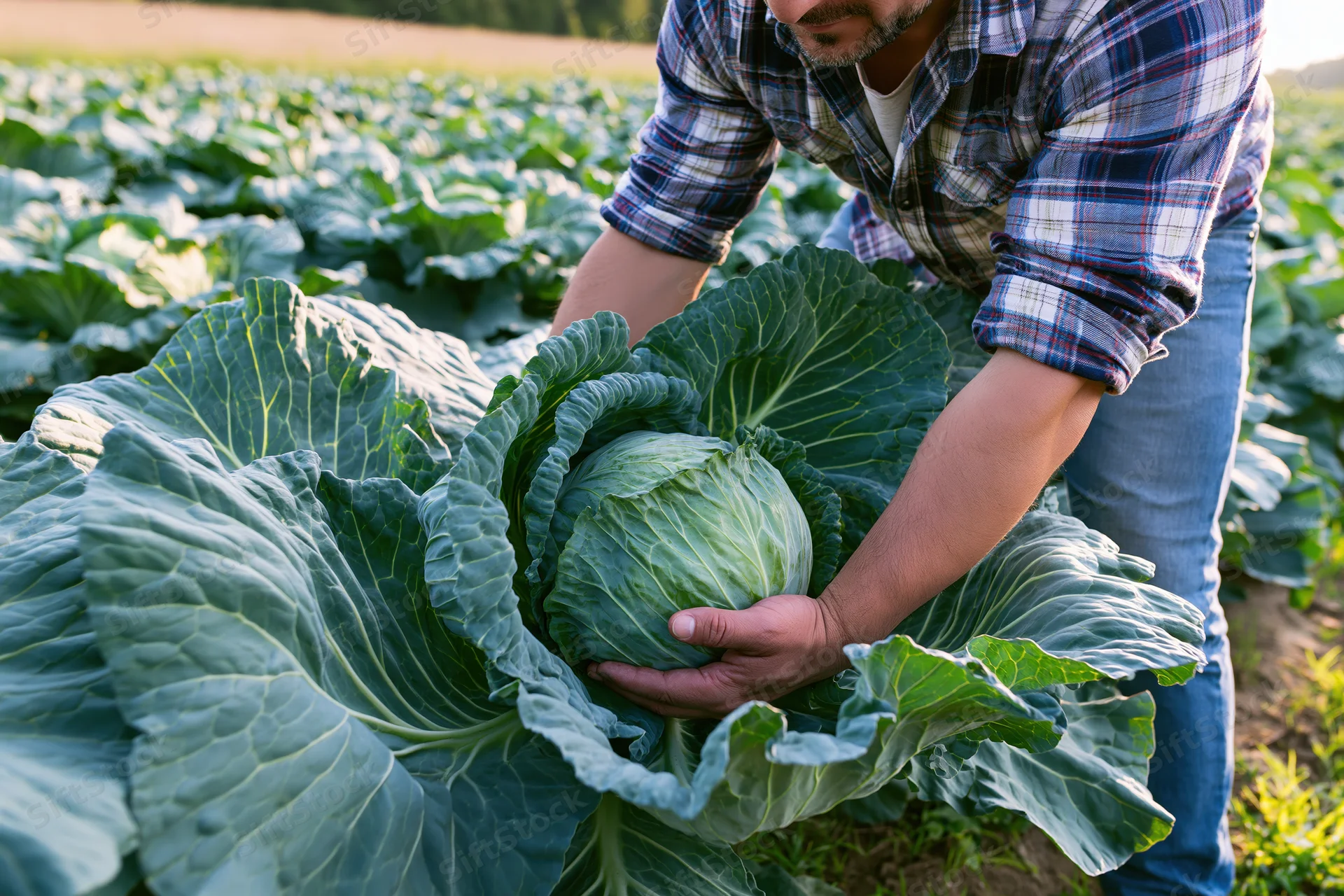 Farmer harvesting cabbage in a field during daylight