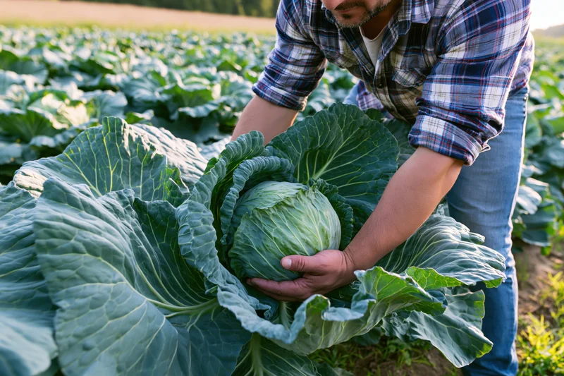 Farmer harvesting cabbage in a field during daylight