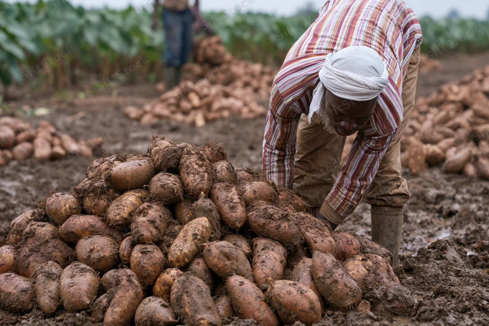 Man harvesting sweetpotatoes in a muddy field, bending over a pile of root vegetables