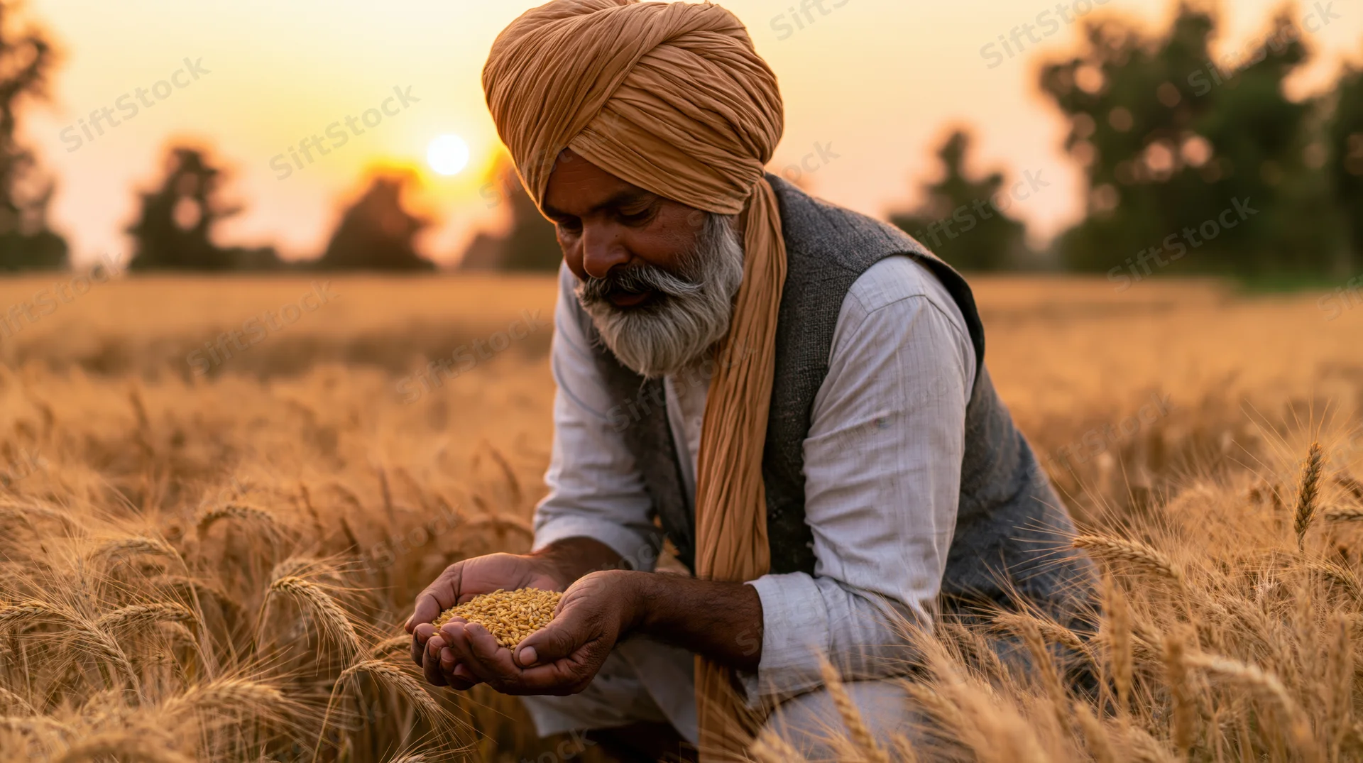 Farmer crouching in wheat field holding grain at sunset